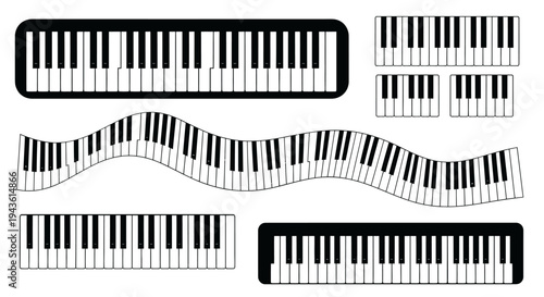 Diverse Keyboard Arrangements and Piano Imagery Displaying Multiple Musical Instrument Designs and Abstract Motifs.