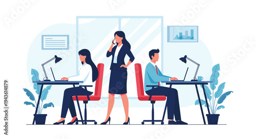 Modern office scene with a team of professionals working at desks while a woman in a suit manages the workspace and talks on the phone.