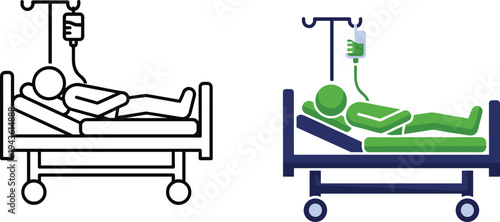 Hospital patient bed with IV drip icons set, healthcare medical treatment vector illustration isolated on white background