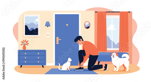 Young man kneeling on the floor to tie his shoes in a cozy apartment hallway with his pet cat and dog waiting for him.