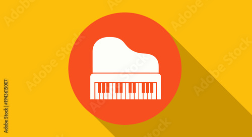 Minimalist white piano icon inside a red circular emblem on a bright yellow background.