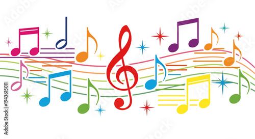 Vibrant colorful musical notes and treble clef forming a lively decorative composition.