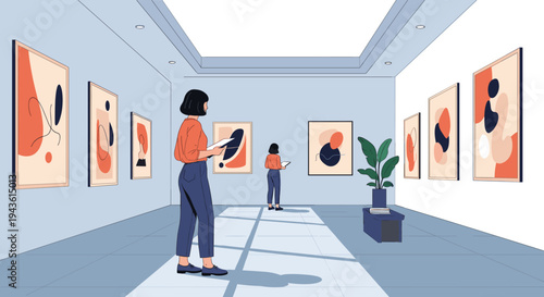 Young women standing in a modern art gallery and admiring abstract paintings displayed on clean white walls with skylights.