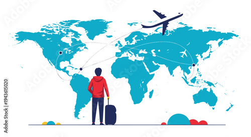Young traveler with a suitcase standing in front of a blue world map with dotted lines showing global flight paths and routes.