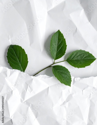 Close-up of green plant stems with leaves against crumpled paper