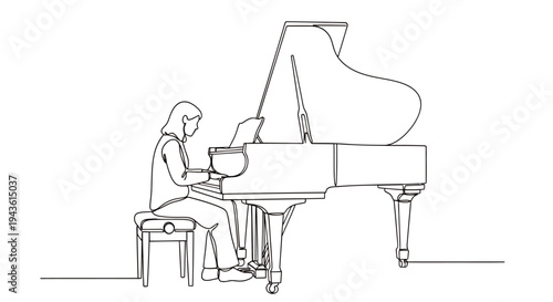 Minimalist Line Illustration of a Pianist at a Grand Piano.