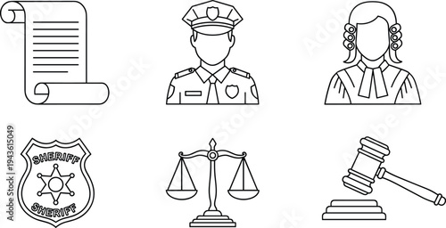 Law and justice outline icons set with judge, police, gavel and legal symbols vector illustration isolated background