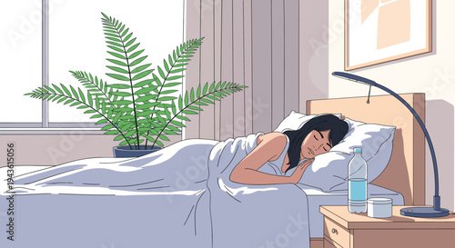 Young woman sleeping peacefully in her bed at home with a large green fern plant on the nightstand next to a lamp and water.