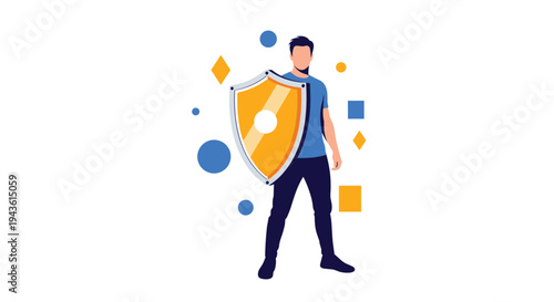 Strong man standing behind a large glowing golden shield with geometric shapes floating around him to symbolize protection.