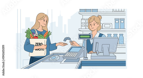 Young woman at a grocery store checkout counter paying with a credit card and carrying a reusable zero waste shopping bag.