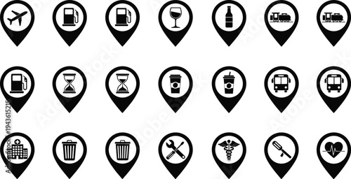 Map location pin icons set with travel, transport, service and navigation symbols vector illustration isolated on white background