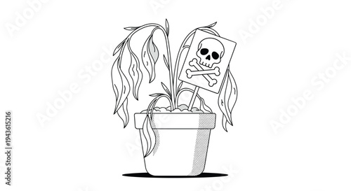 Wilted and dying houseplant in a white pot with a small sign showing a skull and crossbones to indicate toxic or poison.
