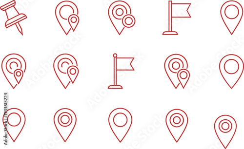Map location pin outline icons set with flag and pushpin symbols navigation vector illustration isolated on white background