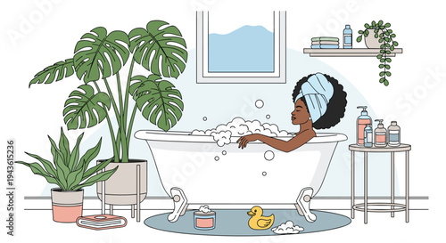 Relaxed young black woman taking a luxurious bubble bath in a white tub surrounded by many beautiful green tropical plants.