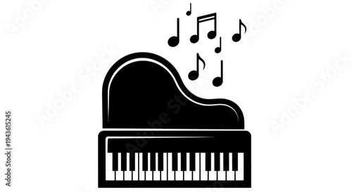 Silhouette of Grand Piano with Floating Musical Notes Illustration for Arts and Leisure.