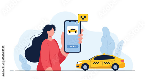 Young woman using a taxi calling mobile application on her smartphone to book a yellow cab on a blue city background.