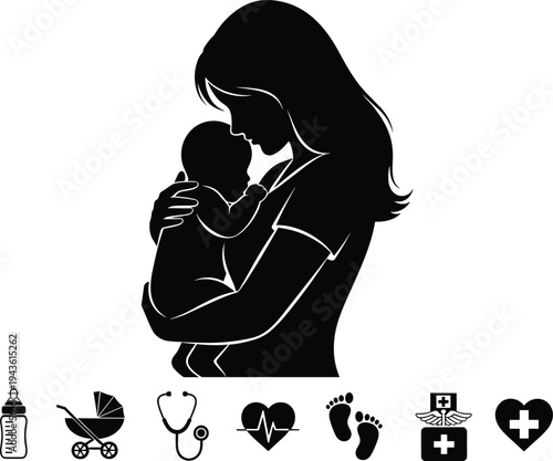 Mother holding newborn baby silhouette with maternity and healthcare icons vector illustration isolated on white background