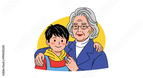 Happy grandmother hugging her young grandson with a warm smile against a bright yellow circular background symbolizing love.
