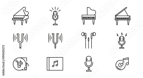 Collection of Minimal Musical Icons Featuring Microphone, Notes, and Instruments for Graphic Resources.