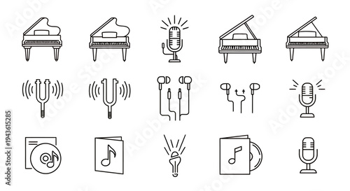 Monochrome line icon set featuring piano, dining utensils, lights, and abstract symbols for graphic resources.