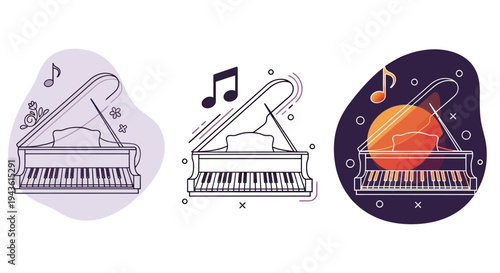 Three Illustrated Pianos with Musical Notes in Varied Colors and Styles.