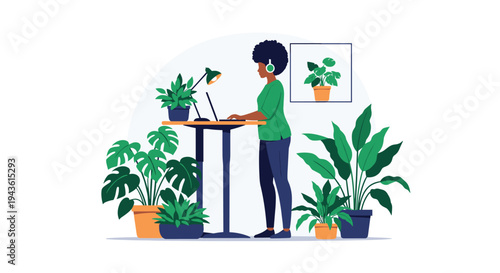Professional woman working on a laptop at a modern standing desk in an office filled with many large green indoor plants.