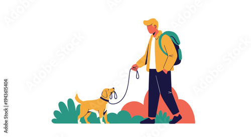 Young man with a green backpack walking his yellow labrador dog on a leash through a park with stylized bushes and orange cloud shapes.