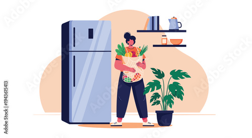 Young woman holding a reusable mesh bag full of fresh vegetables and fruits standing next to a large refrigerator in a modern kitchen.