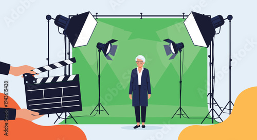 Senior actress standing on a professional film set with a green screen background surrounded by studio lighting equipment and a clapperboard.
