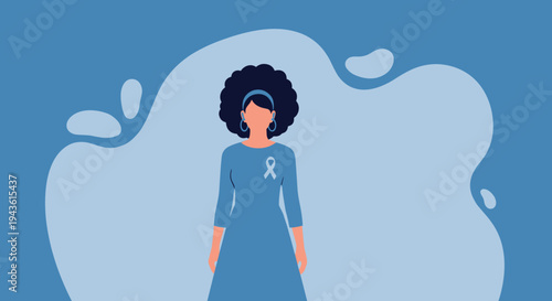 Young woman with an afro hairstyle wearing a blue awareness ribbon on her dress standing against a decorative blue and white background.