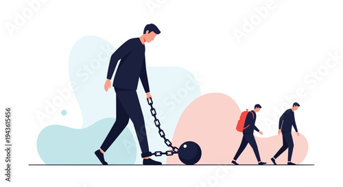 Man struggling to walk while dragging a heavy metal ball and chain attached to his ankle as others walk freely ahead toward their goals.