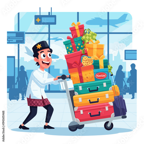 Happy Muslim Man Traveling for Eid Mudik with Many Suitcases and Gifts at Airport