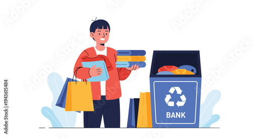 Smiling young man putting neatly folded clothes into a blue recycling bank container with a white recycle symbol to help the community.