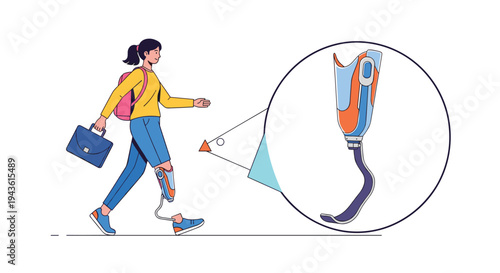 Young woman with a bionic prosthetic leg walking confidently while carrying a pink backpack and a blue briefcase for work or school.