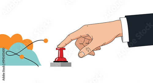 Professional hand in a dark suit about to press a small red emergency or activation button on a gray base against a plain white background.