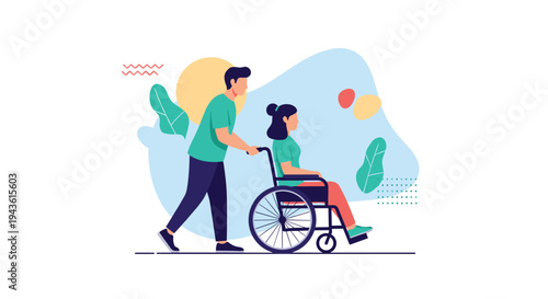 Caring man pushing a young woman in a wheelchair through a bright park with abstract colorful shapes and stylized green plant elements.