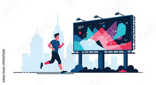 Man in athletic sportswear jogging through a modern city past a massive billboard displaying colorful complex data charts and graphs.