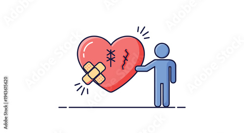 Simple blue figure placing a large yellow adhesive bandage on a red heart with stitches and cracks to represent healing and recovery.
