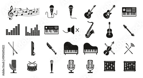 Collection of musical instruments and recording icons in black silhouette design for graphic resources.
