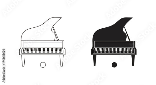 Duotone Line Art Grand Piano Icon Set in Black and White.
