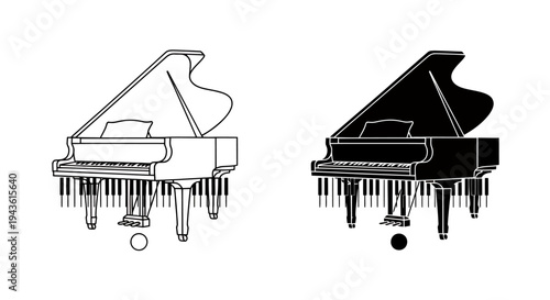Melancholic grand piano illustration with dripping paint in monochrome, a dramatic graphic composition.