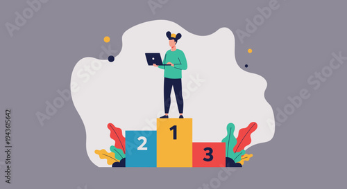 Successful woman with a laptop standing on the first place position of a colorful winner podium surrounded by abstract plant elements.