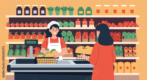 Friendly female cashier in an apron serving a customer at the checkout counter of a grocery store filled with fresh produce and goods.