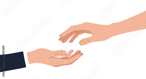 Two hands reaching out towards each other from opposite sides against a plain white background representing help and mutual support.