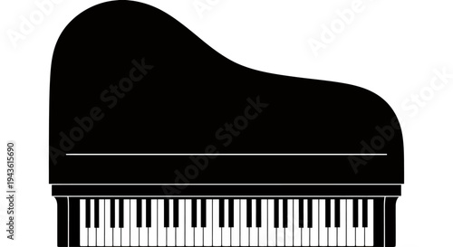 Silhouette of a grand piano in black and white with keyboard details, a classical instrument.