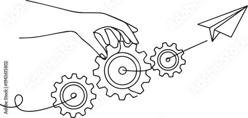 Business Process Automation Workflow with Gears Line Art Illustration