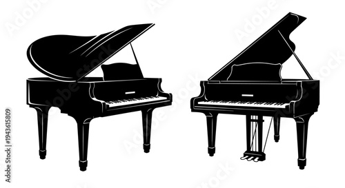 Two Silhouetted Grand Pianos Facing in Opposing Directions.