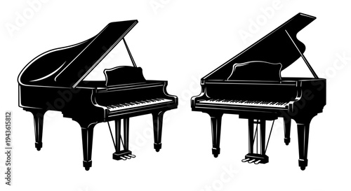 Two Grand Pianos Silhouetted in Black Evening Studio Setting.