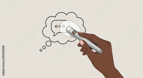Human hand using a stylus to draw a thought or speech bubble on a neutral background representing creativity and ideas.