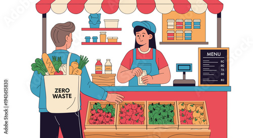 Eco-friendly customer with a zero waste bag shopping for fresh vegetables at a market stall with a friendly vendor.